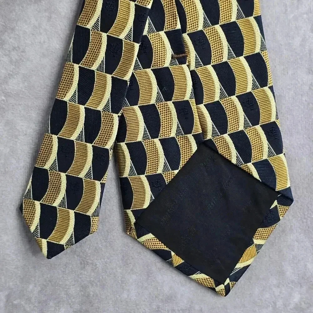 Jun Ashida Gold Blue Geometric‎ 100% Silk Neck Tie NWOT